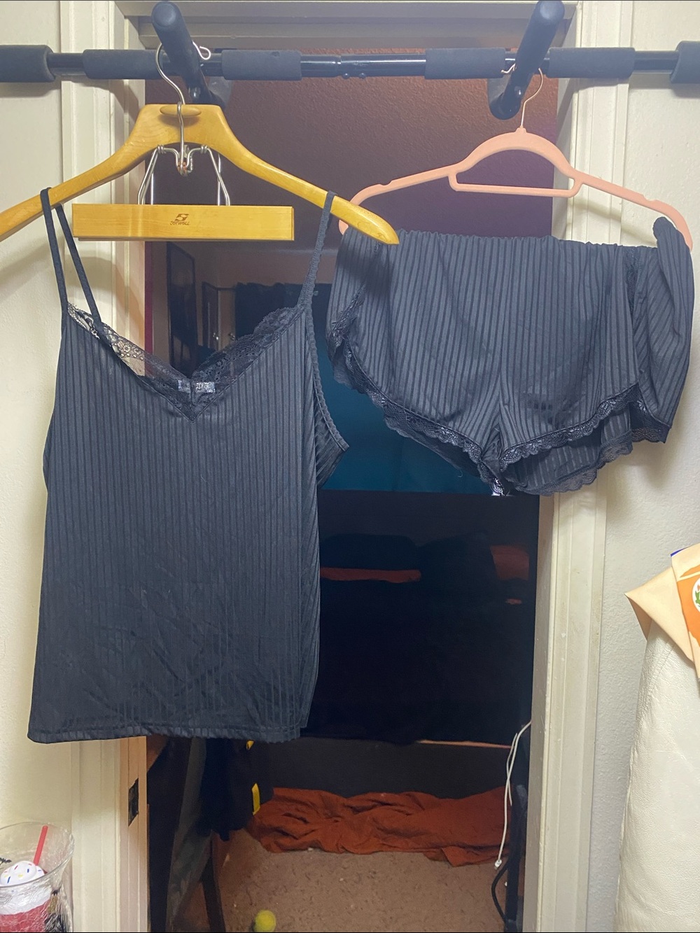 Black Pinstripe Lace Trim Cami & Shorts Set